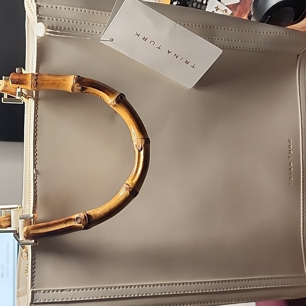 Trina Turk Cream Tote Bag with Bamboo Handles